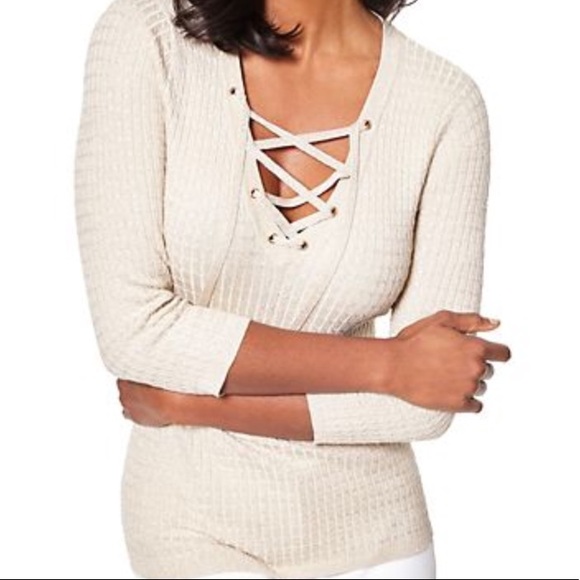 New York & Company Sweaters - NWT Metallic Lace-Up Ribbed Sweater size large